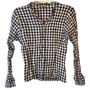 LOUP Anthropologie ladies shirt small black white linen gingham gauze academia